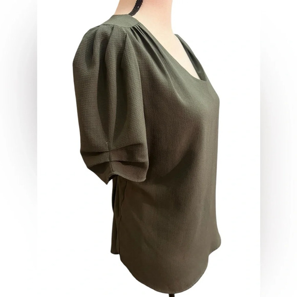 Adrianna Papell Solid V-Neck Ruched Sleeve Pebble Crepe Top green blouse large - Picture 4 of 9